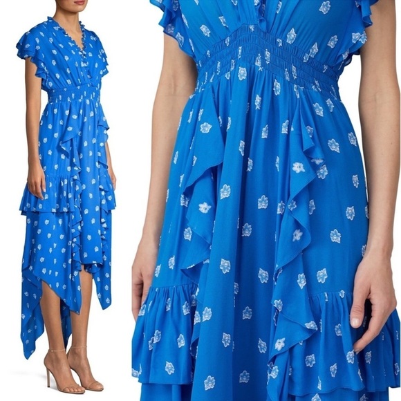 SHOSHANNA‎ Cobalt Floral Embroidered Asymmetric Hem Ruffle Tier Maxi Dress 14 - Picture 4 of 14